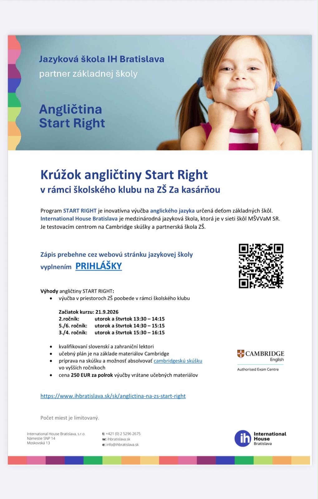 Plagát angličtiny Start Right na ZŠ Za kasárňou, rozvrh a cena 2026/27
